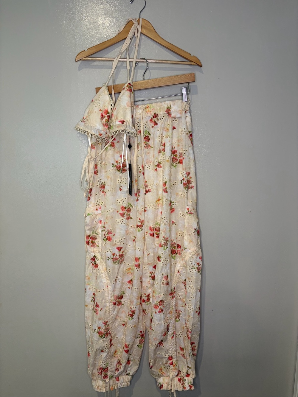 NovaLux NWT 100% Cotton Embroidered Illicit Cream Floral Wide-Leg Pant Set Large